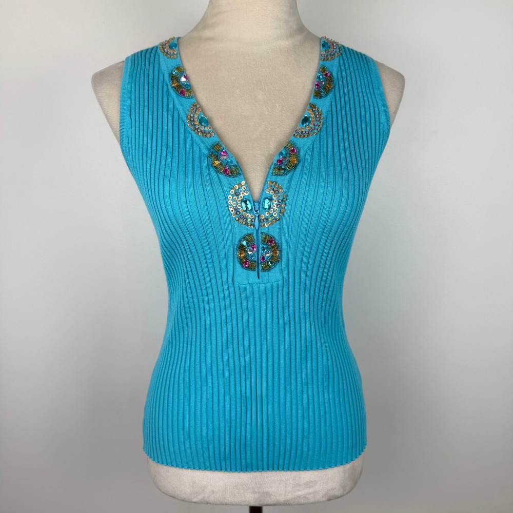 Y2K Kaily K Turquoise Ribbed Knit Embellished Beaded V-Neck Sleeveless Top Small